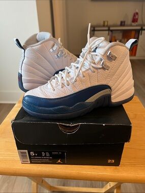 Nike Kids White and Navy Blue Air Jordan 12 Retro Sneakers